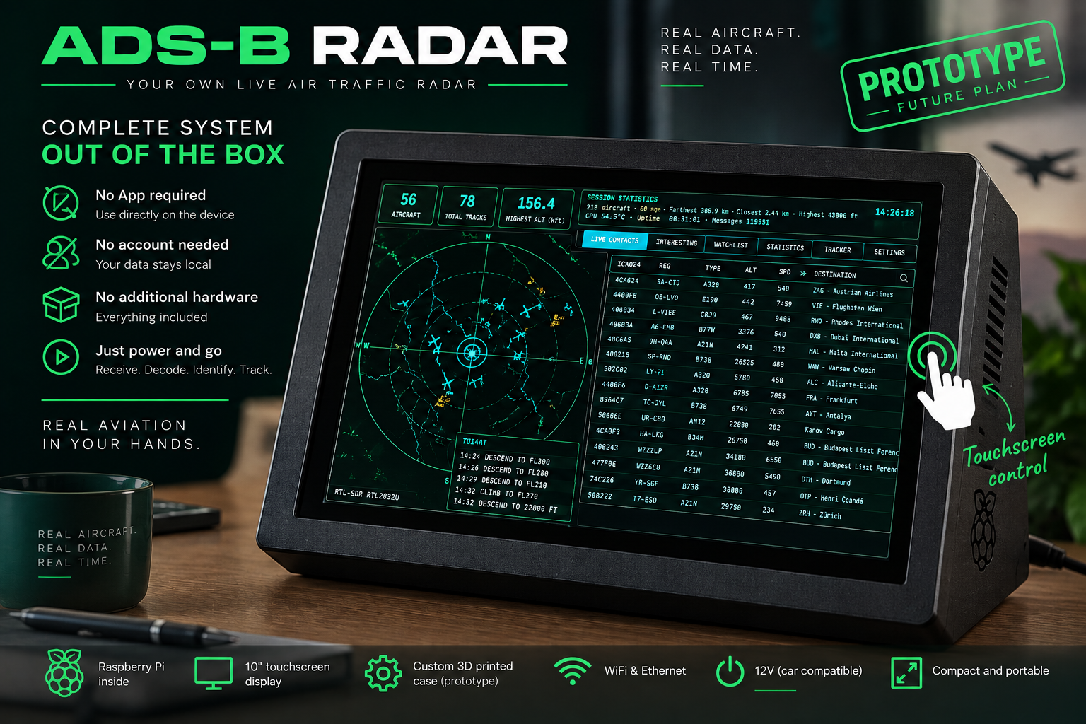Concept rendering of the future ADS-B Radar prototype with 10-inch touchscreen and custom enclosure