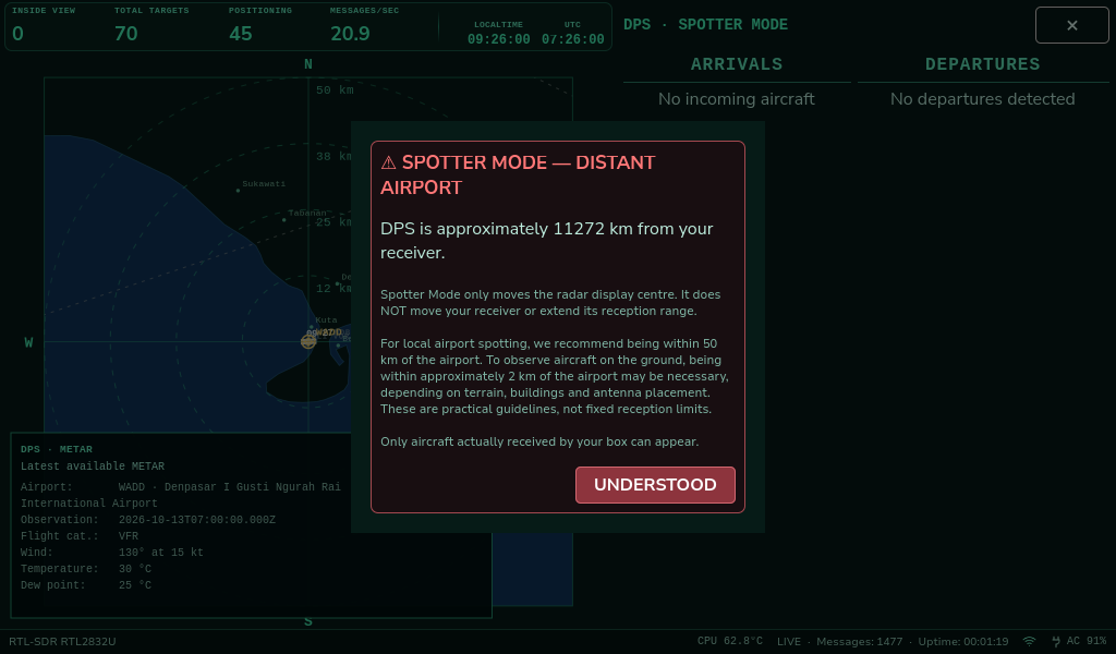 Spotter Mode receiver-distance warning for a distant airport